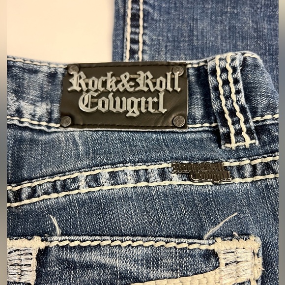 R&R Cowgirl 29"x24" Tall Bootcut Flare Low Mid Rise dark blue distressed - Picture 5 of 11